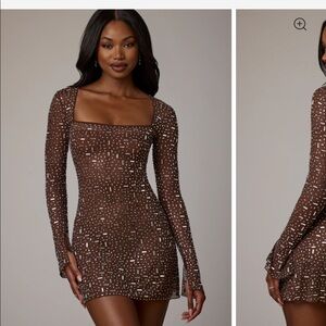 NEW Sheer Embellished Long Sleeve A-Line Mini Dress in Deep Cocoa - oh Polly